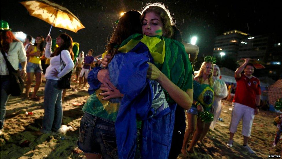 Brazil's fans at Copacabana beach in Rio de Janeiro, July 8, 2014.