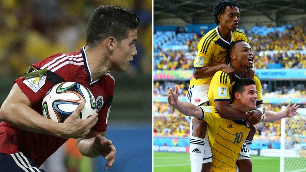 A large insect lands on the arm of Colombia's James Rodriguez as he runs back with the ball after scoring his side's first goal during the World Cup quarter-final soccer match between Brazil and Colombia