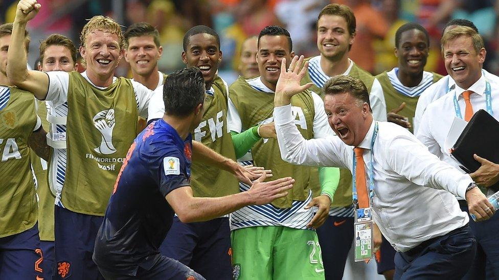 United. The Netherlands set about winning the first World Cup in their history with a shock 5-1 win over Spain in the opening round as Robin van Persie's stunning header impressed his new Manchester United boss Louis van Gaal