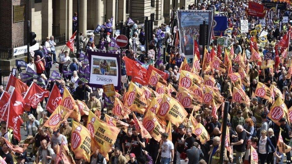 Public sector workers march through Newcastle city centre.