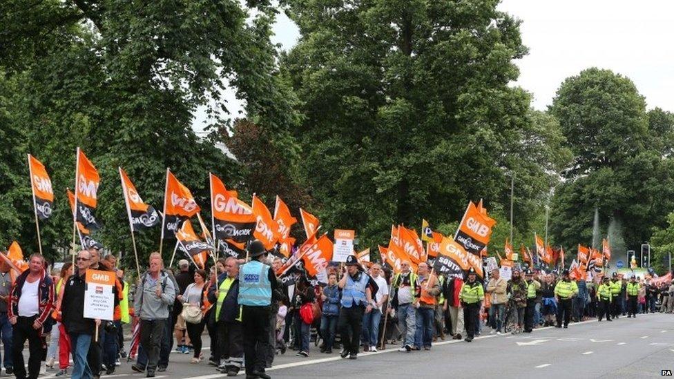 GMB union members march through Brighton.