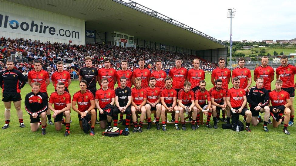 The Down panel pictured before the All-Ireland qualifier against Kildare at Pairc Esler