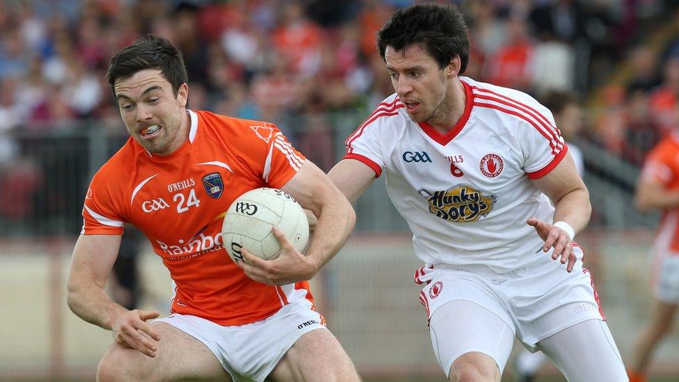 Armagh's Aidan Forker on the ball against Mattie Donnelly of Tyrone