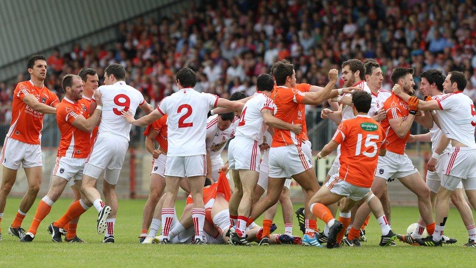 Armagh and Tyrone players got involved in a melee at the start of the match in Newry