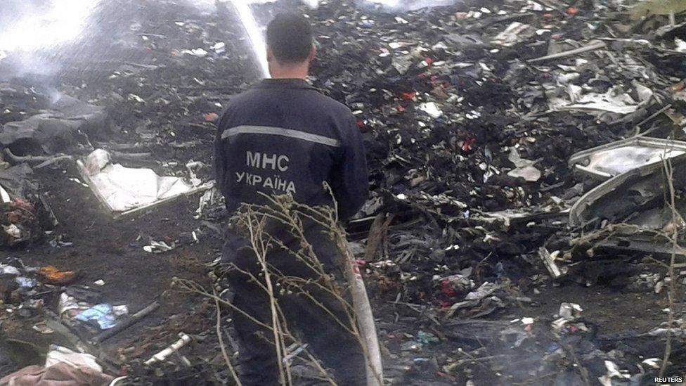 A man works at putting out a fire at the site of a Malaysia Airlines Boeing 777 plane crash in the settlement of Grabovo in the Donetsk region, Ukraine, 17 July 2014