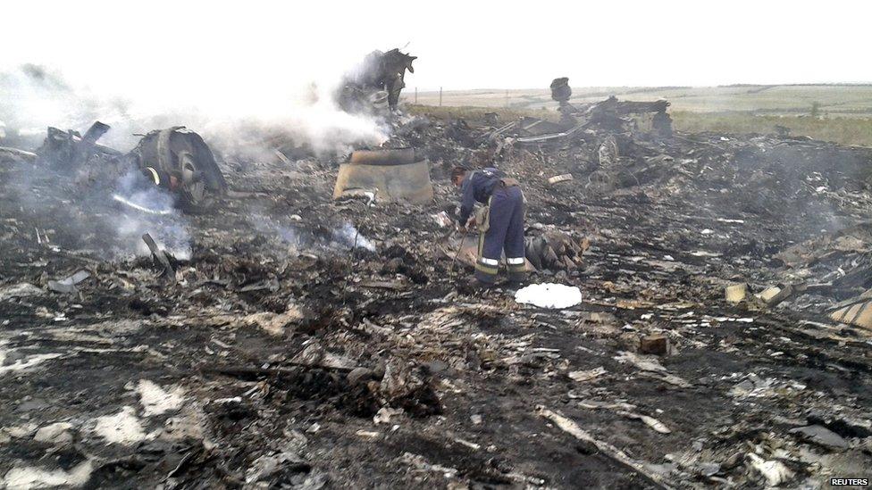 An Emergencies Ministry member works at the site of a Malaysia Airlines Boeing 777 plane crash in the settlement of Grabovo in the Donetsk region, Ukraine, 17 July 2014