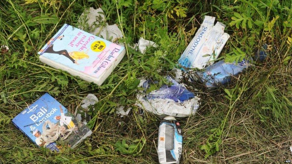 Belongings of passengers on the site of the crash of the Malaysia Airlines jet (18 July 2014)