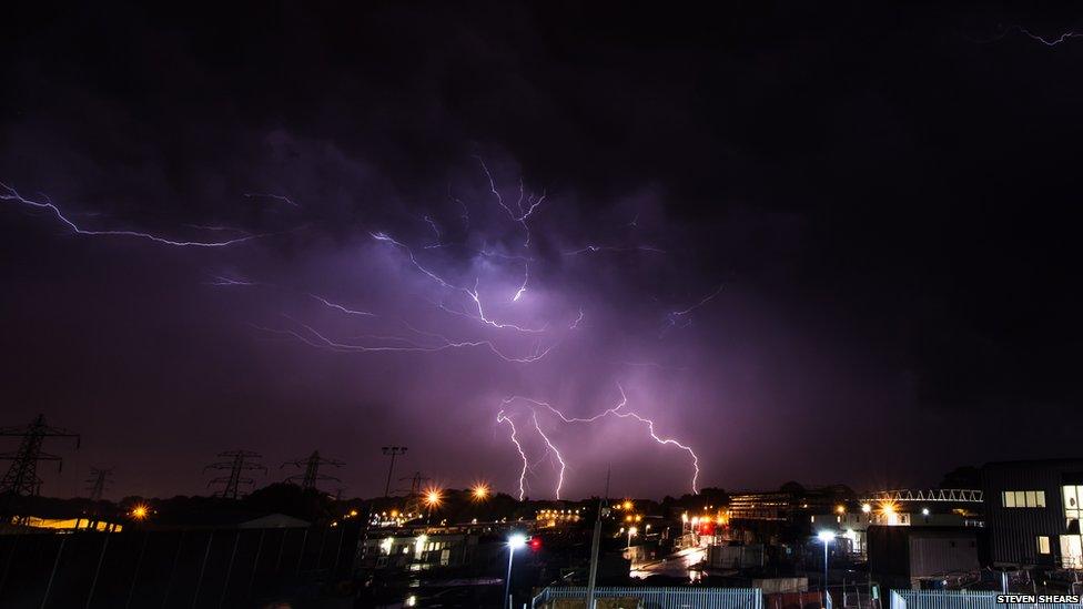 Lightning seen over Crawley, West Sussex