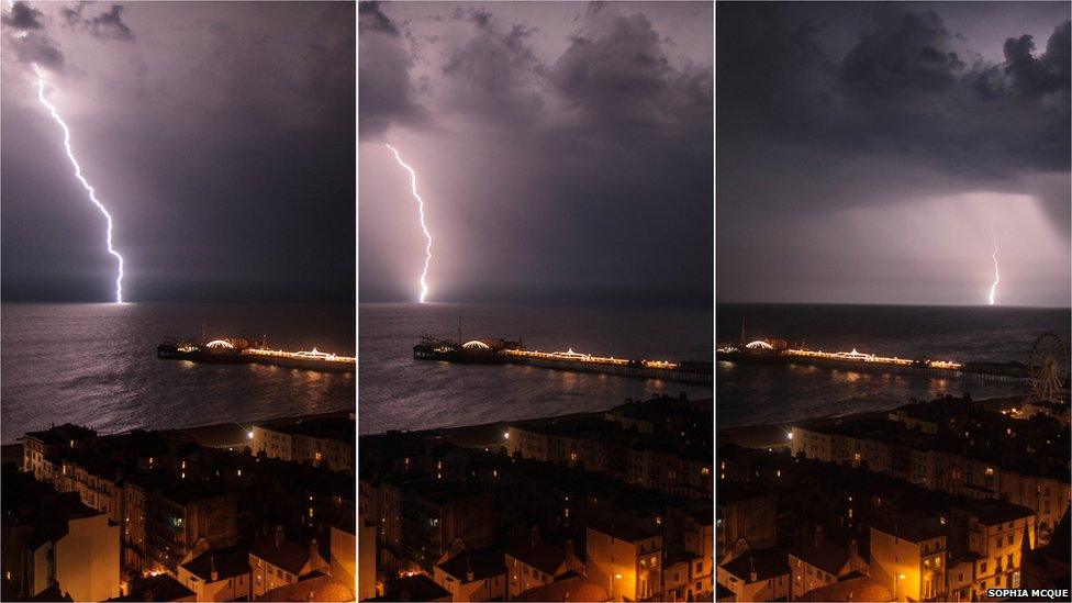 Three images showing lightning striking the sea off Brighton