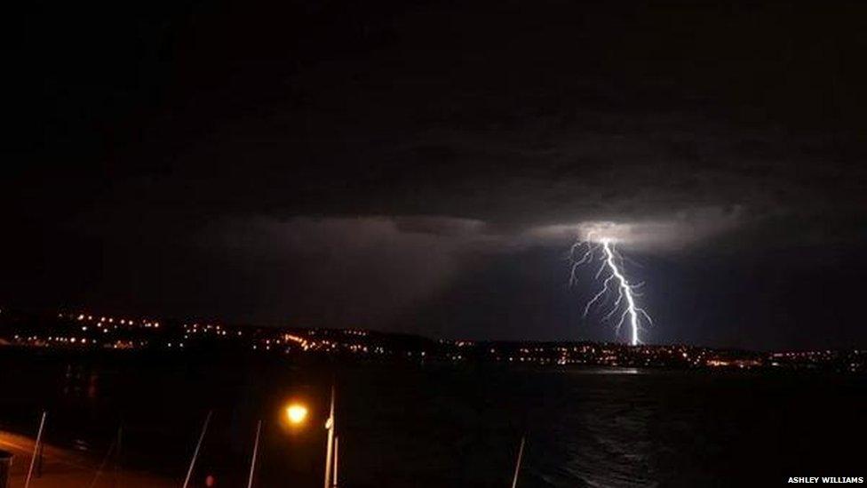 A lightning strike on a city at night