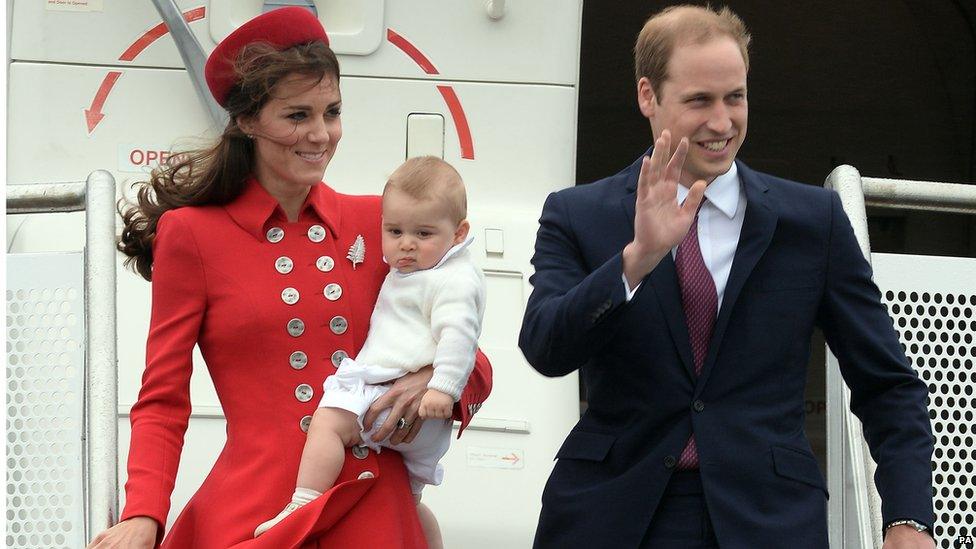 The Duke and Duchess of Cambridge arrive with Prince George at Wellington Military Terminal