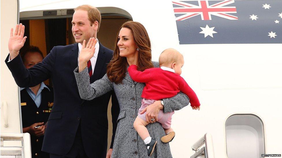 The Duke and Duchess of Cambridge pictured at Fairbairne Airbase as they leave Australia.