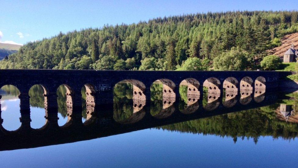 The submerged Garreg-ddu dam in the Elan Valley reservoirs