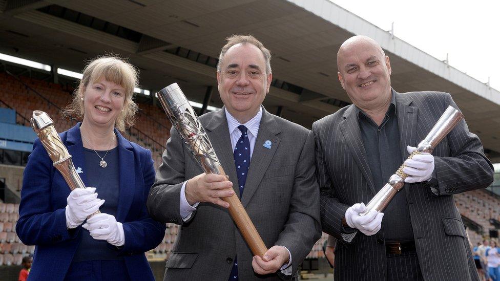 Scotland's First Minister Alex Salmond with the Glasgow 2014 Queen's Baton at Meadowbank Stadium, Edinburgh.