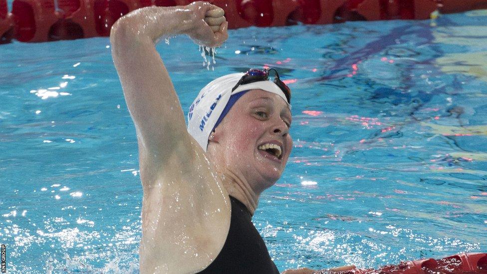 Hannah Miley won Scotland's first gold in the pool, defending her 400m individual medley title.