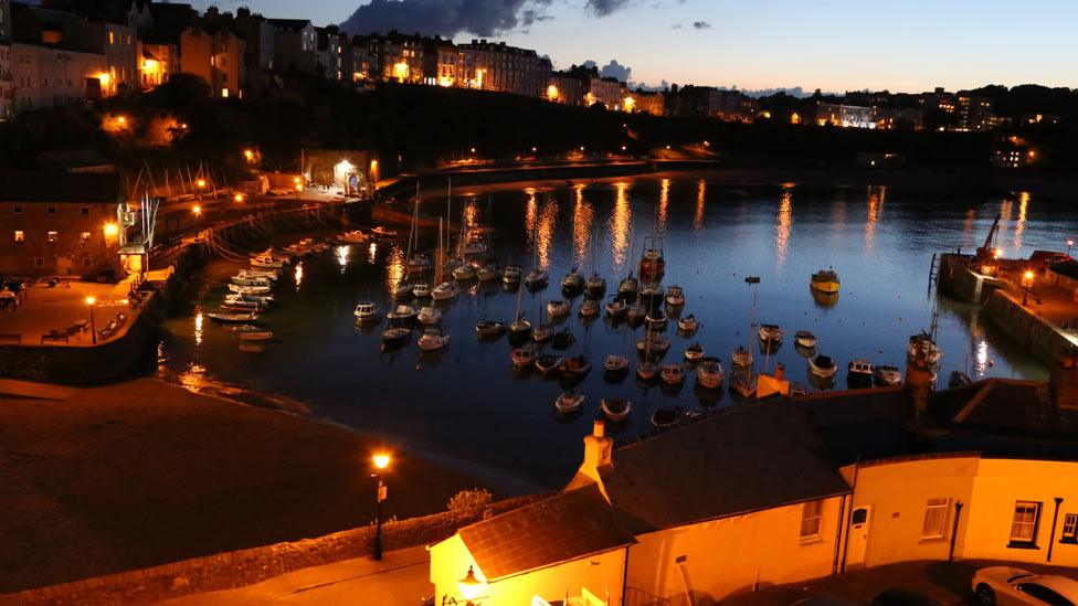 The harbour at Tenby, Pembrokeshire, at night