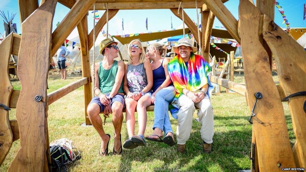 Festival-goers on a swing