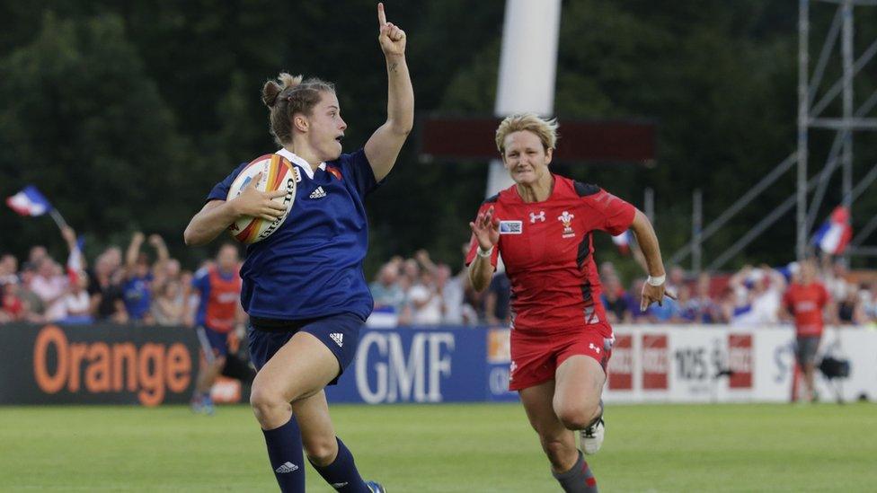 France wing Marion Lievre scores a try against Wales