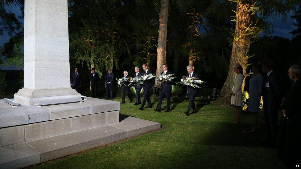 The Duke of Cambridge (centre) and David Cameron (2nd right) lay flowers at the ceremony.