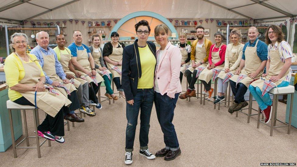 Sue and Mel with the 12 new Great British Bake Off contestants