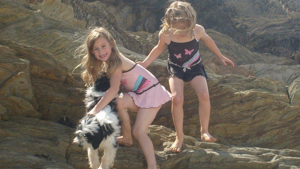 two little girls are climbing some rocks with their pet dog.