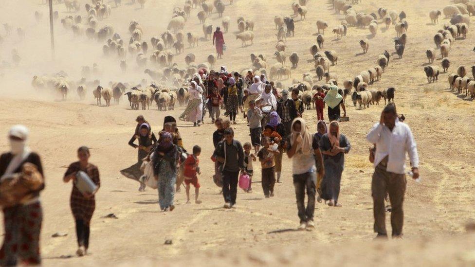 Displaced people from the minority Yazidi sect, fleeing violence from forces loyal to the Islamic State in Sinjar town, walk towards the Syrian border, on the outskirts of Sinjar mountain, near the Syrian border town of Elierbeh of Al-Hasakah Governorate.