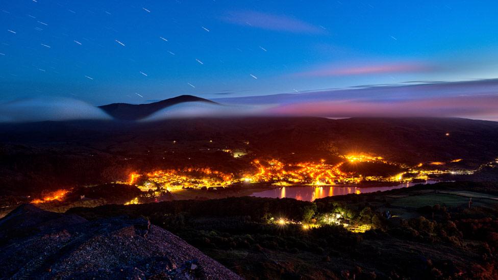 Star trails over Llanberis and Llyn Padarn,