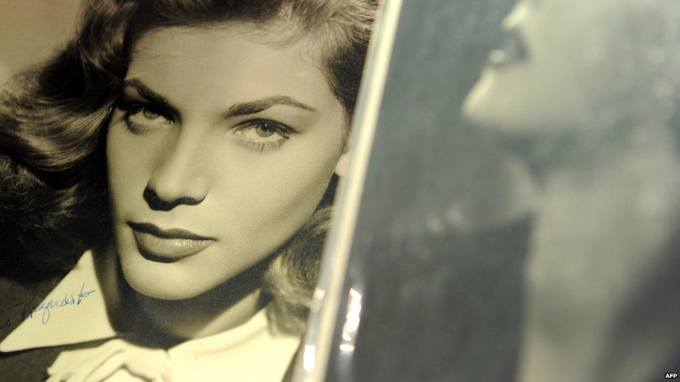 File photo: A signed photograph of Lauren Bacall at Bonhams and Butterfields in Los Angeles, California, during a preview before an auction, 14 April 2011