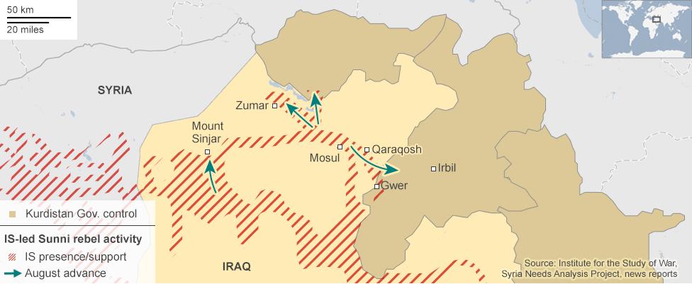 Map showing advances made by 'Islami State' (IS) in the first weeks of August 2014