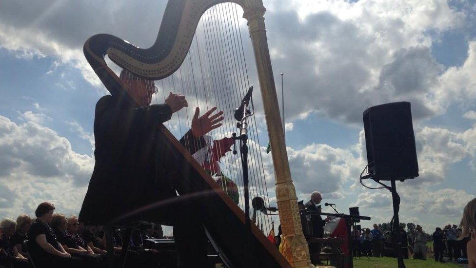 "Rhyfel" by poet Hedd Wyn, who died near this site is read by Isgoed Williams, accompanied by Dylan Cernyw on harp