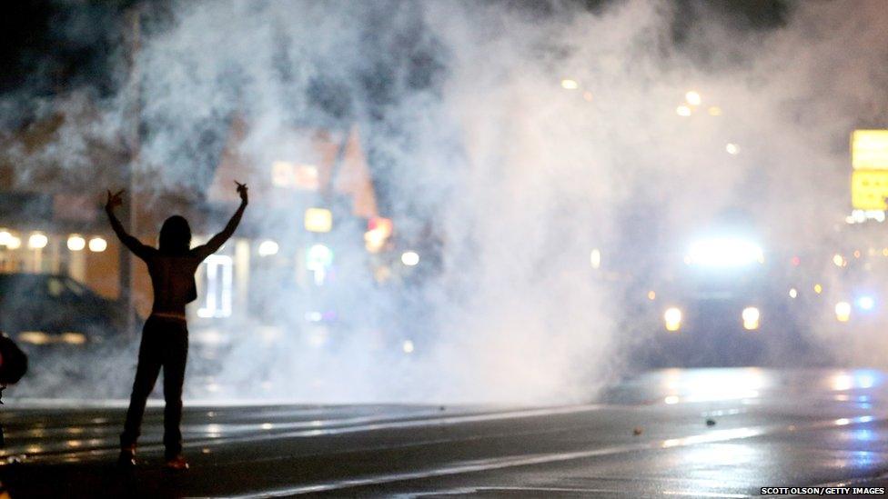 Demonstrators protest Michael Brown"s murder August 16, 2014 in Ferguson, Missouri