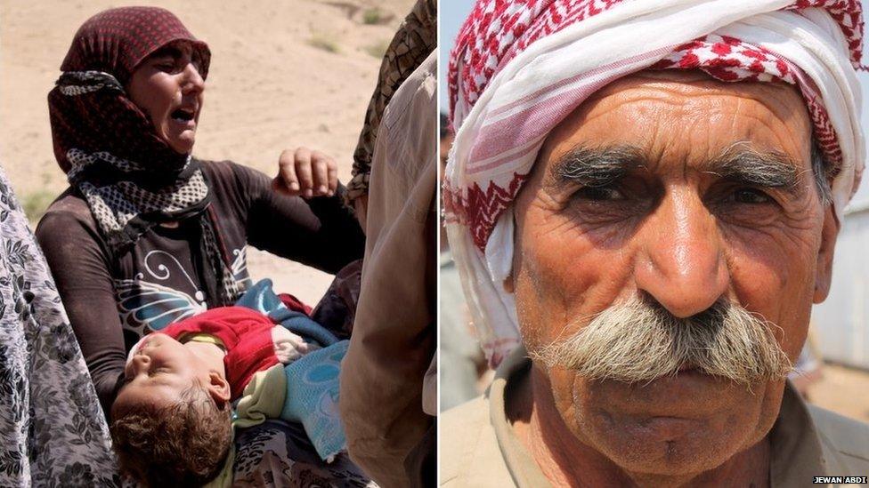 Left: A refugee, one of two sisters found with their families by Kurdish forces in the mountains, holds a child, 15 August 2014. Right: Farman Jendi, a 65-year-old refugee on 15 August 2014