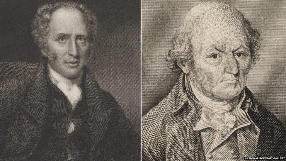 John Hodgson by Edward Scriven (L) and William Hutton by James Basire (R)