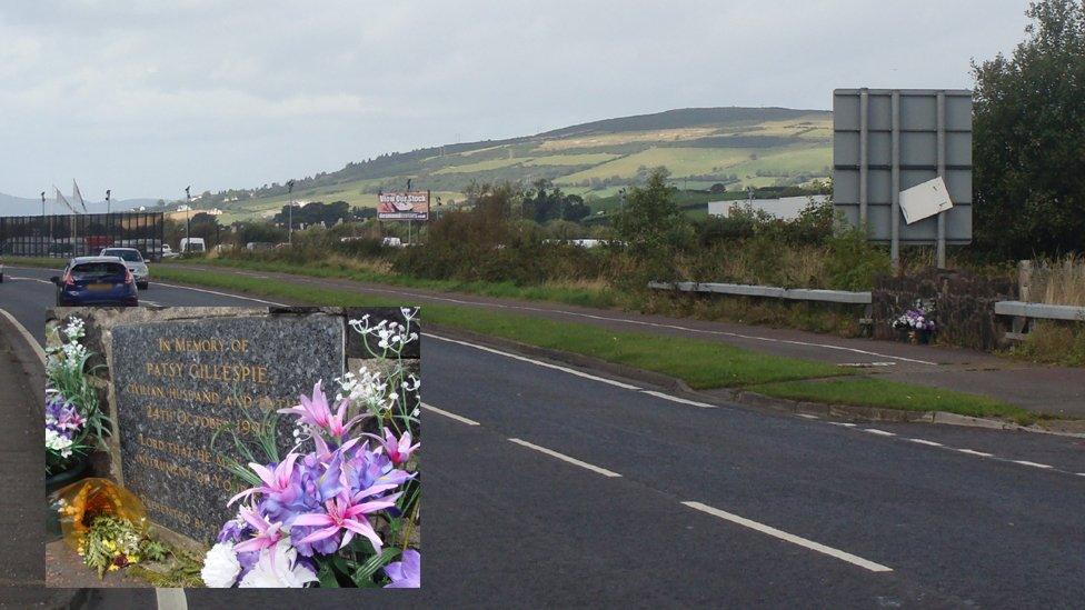 Buncrana Road now, with memorial to Patsy Gillespie