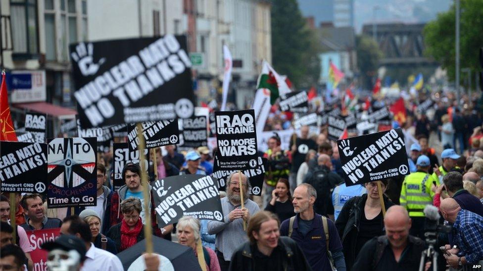 The protesters walking through Newport