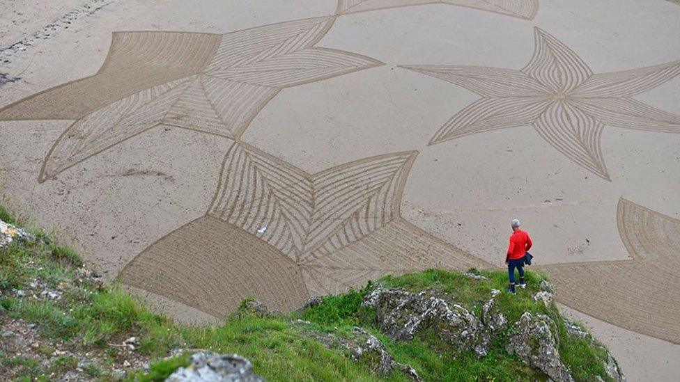 Sand art by Simon Beck at Brean Beach, Somerset