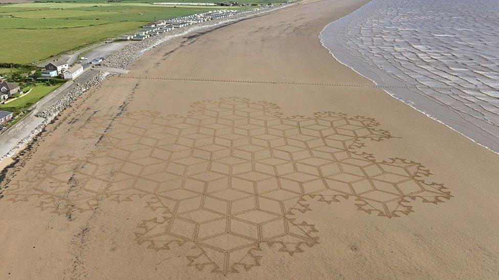 Sand art by Simon Beck at Brean Beach, Somerset