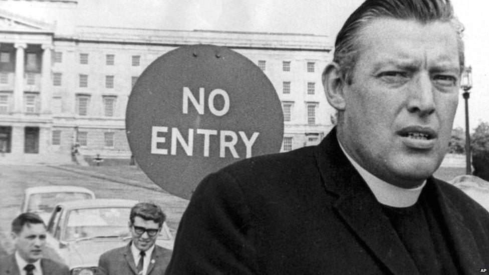 Ian Paisley leaving Stormont Castle in 1969 after handing in a petition