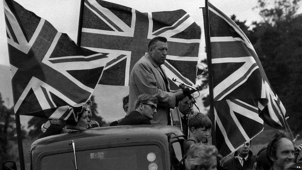 Ian Paisley addressing and Orange Order demonstration in Belfast in 1970. In the same year he was elected to the NI Parliament for Bannside for the first time. He entered Westminister in 1973 as MP for North Antrim