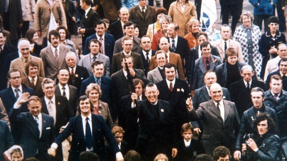 The end of the Ulster Worker's Council strike in 1974 - in the foreground are William Craig; Glenn Barr; Ian Paisley and Harry West