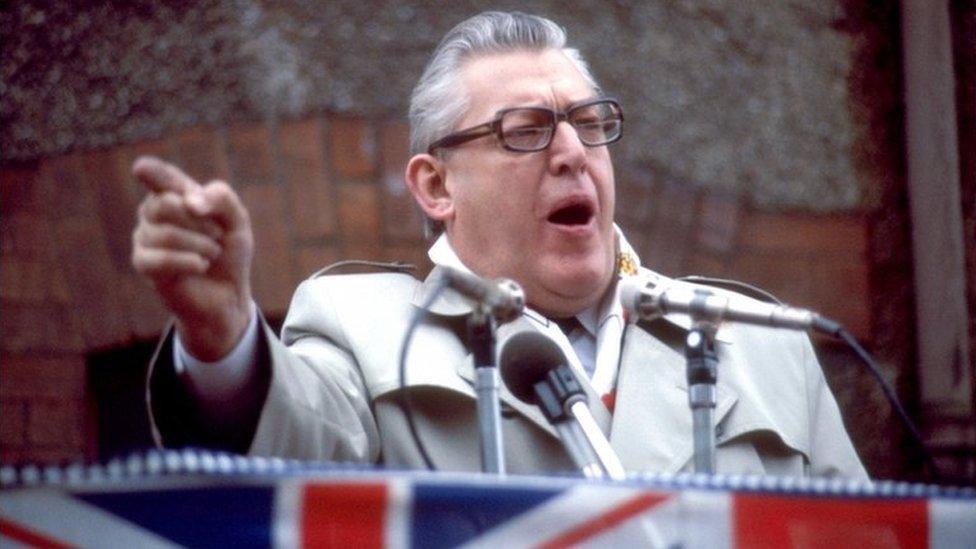 Ian Paisley speaking in Ballymena, Northern Ireland, as part of his 'Carson Trail' campaign, in 1981