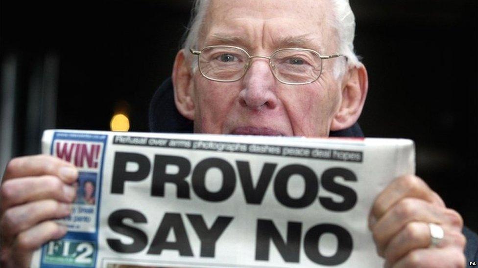 Ian Paisley in 2004 after meeting with the body overseeing paramilitary disarmament