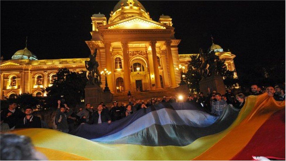 A gay rights demonstration in front of the Serbian Parliament on 27 September 2013 in Belgrade. Serbia