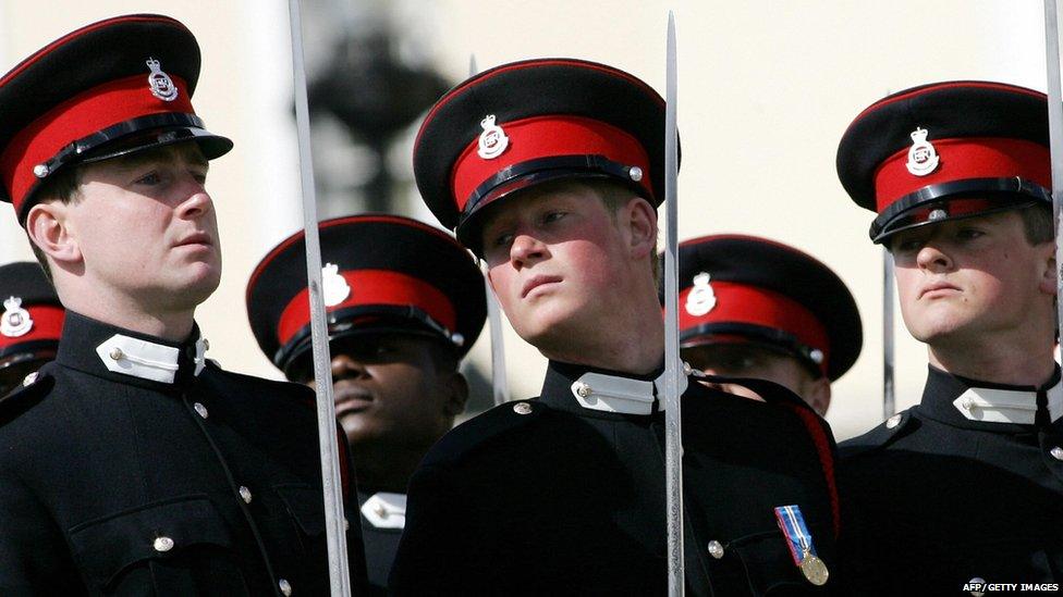 Prince Harry marches at the Sovereign's Parade at Sandhurst Military Academy, in south-east England. Officer Cadet H Wales as Prince Harry was known, trained to be a troop commander, in charge of 11 soldiers and four light tanks. Harry went through after 44 weeks of gruelling military training.