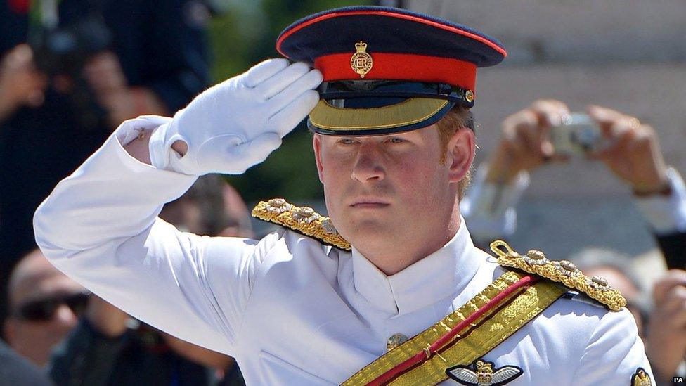 Prince Harry saluting at the Polish military cemetery during the official ceremony marking the 70th anniversary of the Battle of Monte Cassino, in Monte Cassino.