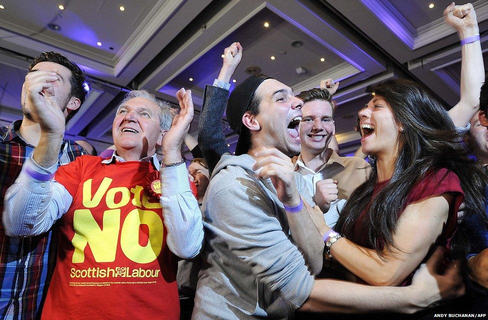 Pro-union supporters celebrate as Scottish independence referendum results are announced