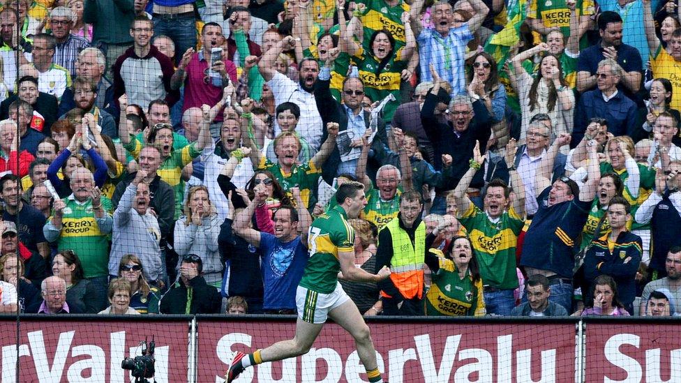 Paul Geaney runs away in delight as Kingdom fans celebrate his goal after just 50 seconds