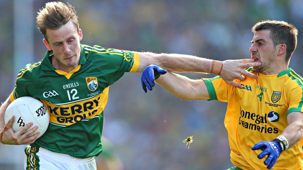 Donnchadh Walsh holds off the challenge of Donegal's Paddy McGrath in Kerry's 2-9 to 0-12 victory in Dublin