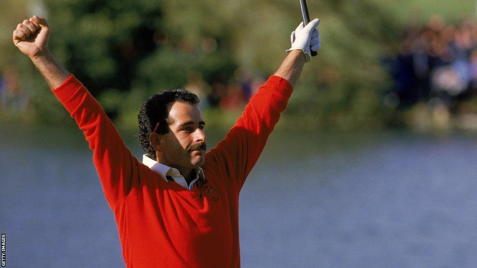 Sam Torrance celebrates the winning putt in 1985