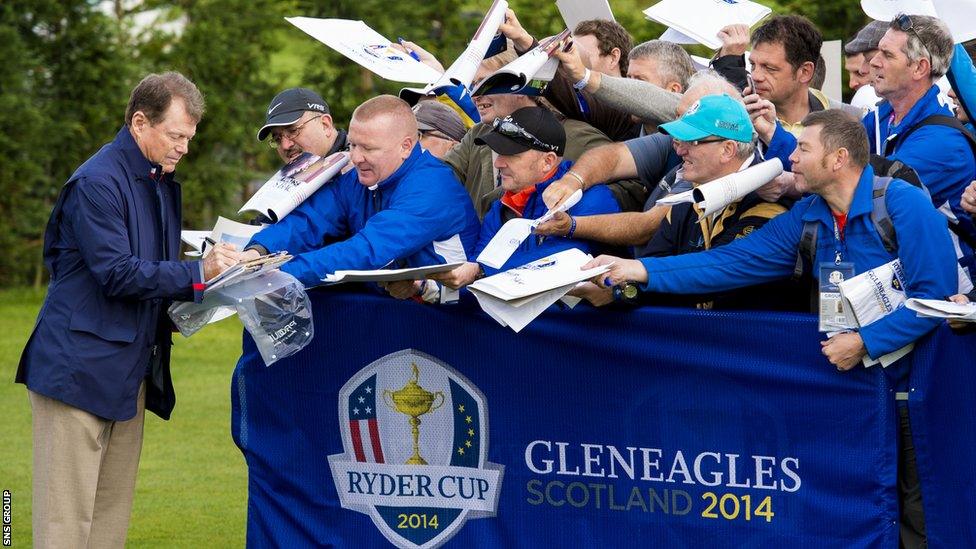 USA captain Tom Watson spends time signing autographs for waiting fans